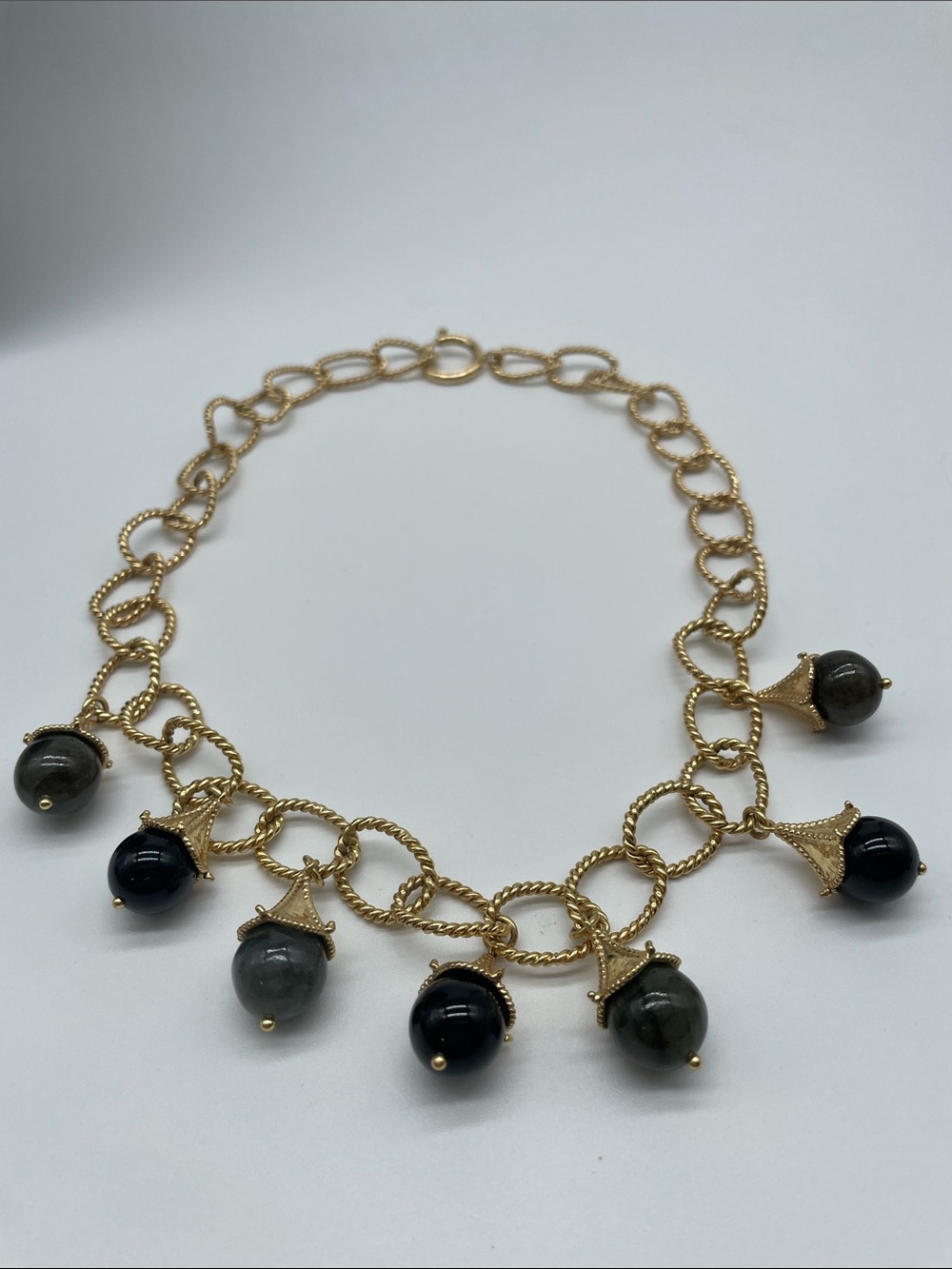 Luxury Gold-Tone Chain Pagoda Style Necklace with Grey/Green and Black Cabochons
